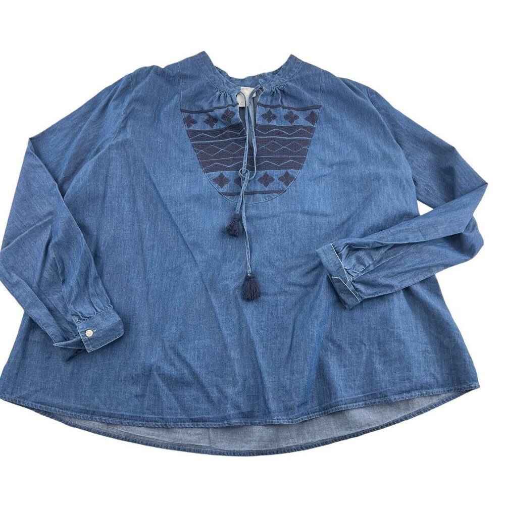 LOFT Lounge Blouse Long Sleeve Pullover size‎ Medium Chambray embroidered Boho